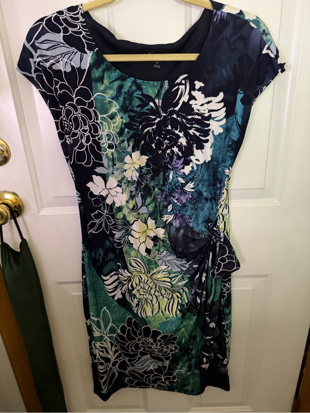 Floral Print Ruched Side Cap-Sleeve Dress - Green/Blue